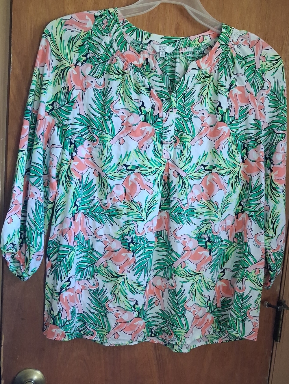 crown & ivy Coral Elephant Print Blouse with Green Leaf Motif